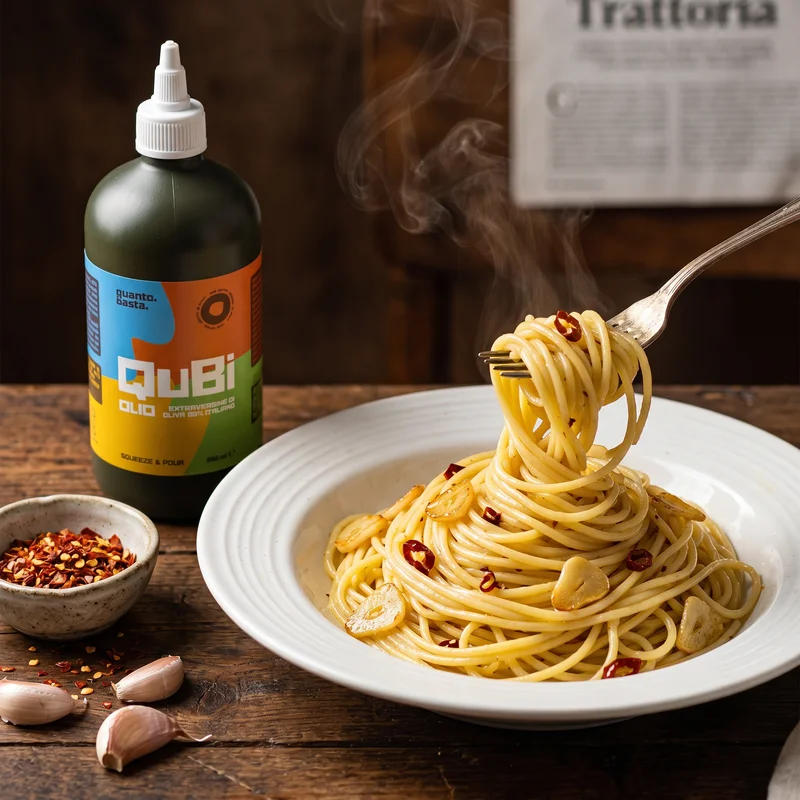 Spaghetti aglio olio e peperoncino con olio QuBi